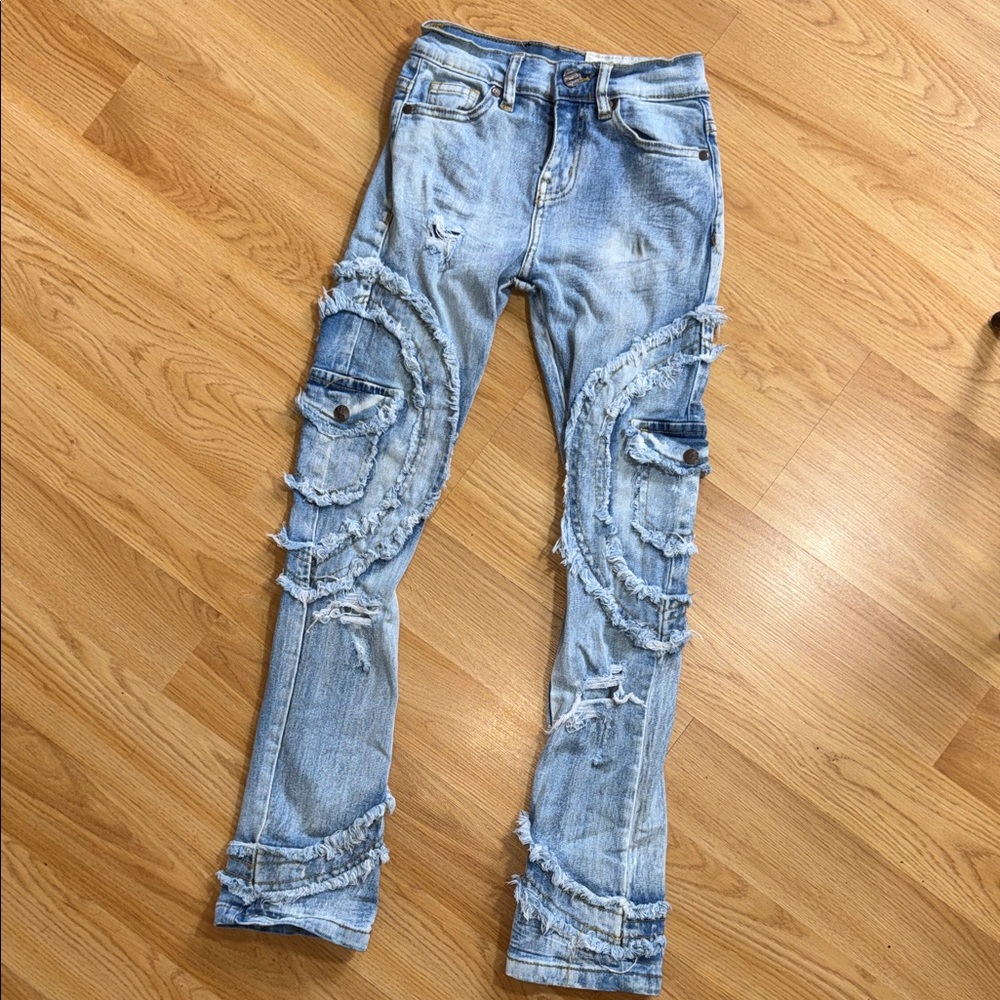 FWRD Denim Light Blue Distressed Stacked Flare Jeans Cargo Detailing Size 8 Boys